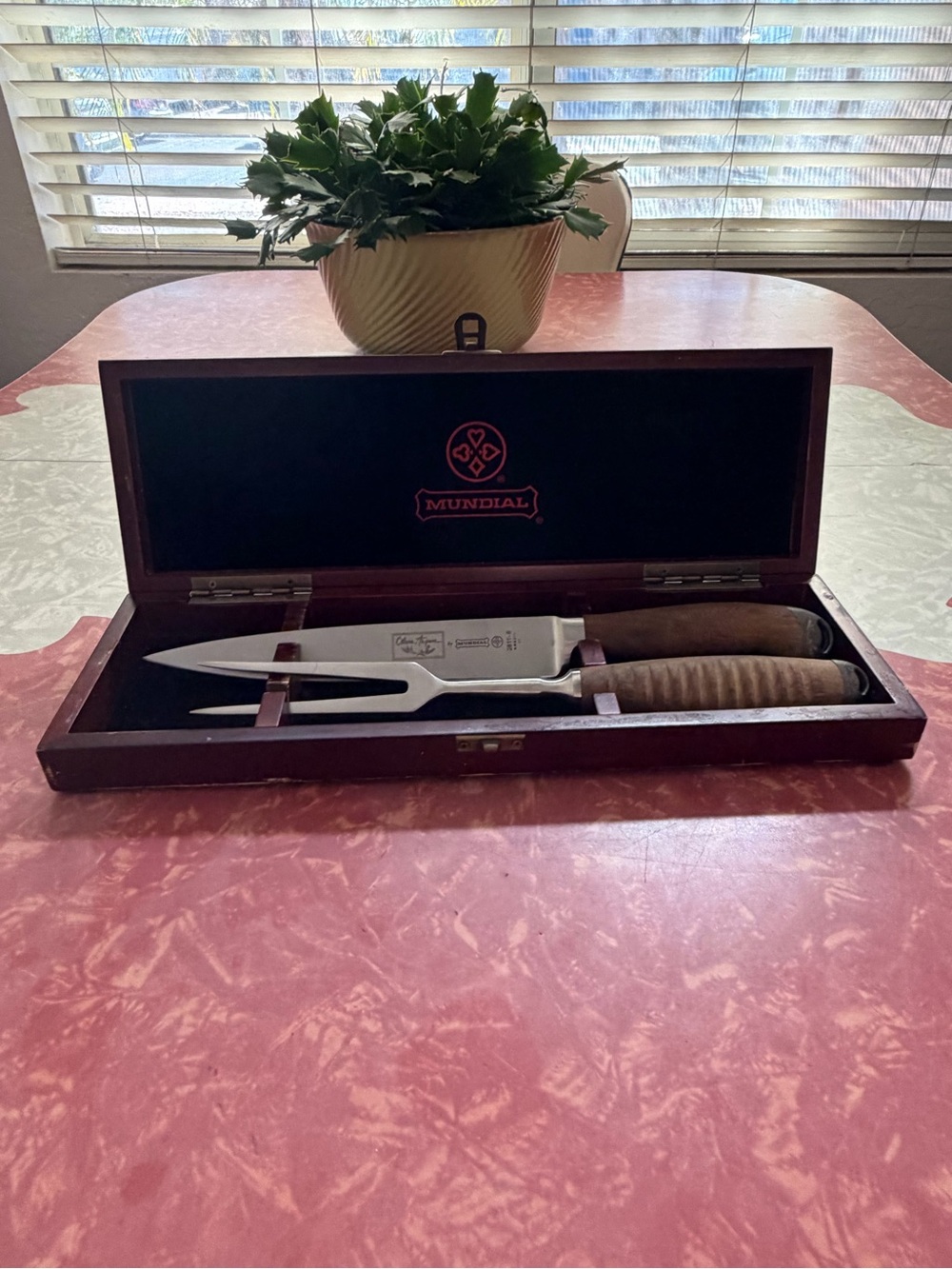 Vintage Mundial Carving Knife & Fork Cutlery Wood Handle Stainless Steel Blade